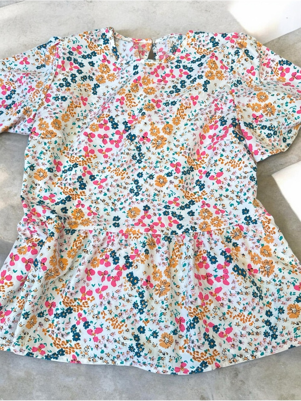 SHEIN White Floral Peplum Top with Pink, Mustard & Teal